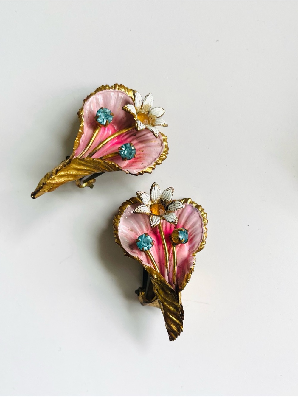 Vintage Floral Enamel & Rhinestone Clip-On Earrings - Austria